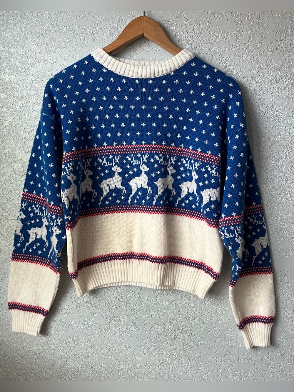 Vintage 90s Wild Thunder Reindeer Fair Isle Christmas Sweater Blue Knit Large L